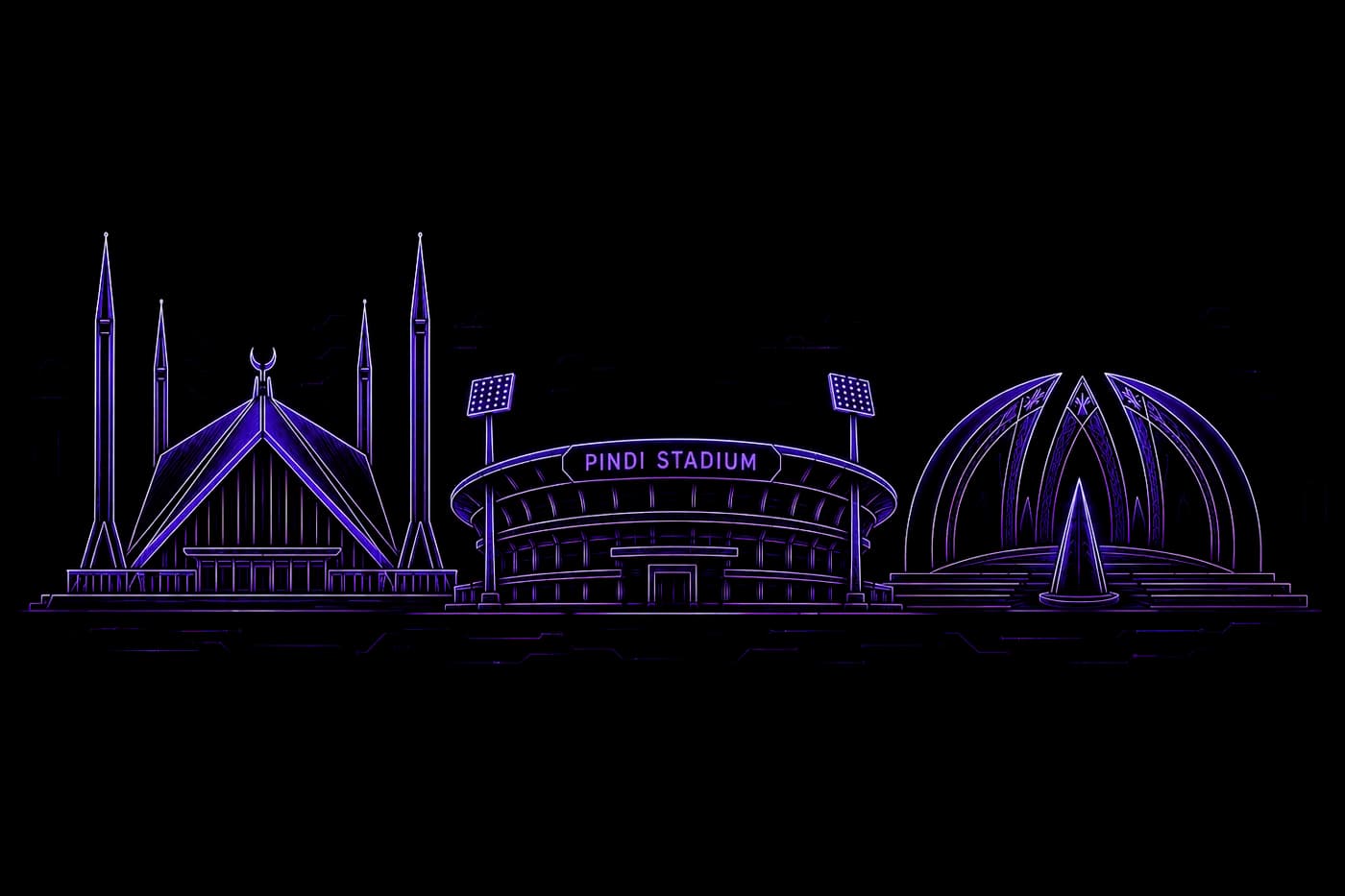 Islamabad skyline — Faisal Mosque, Pindi Stadium, Pakistan Monument